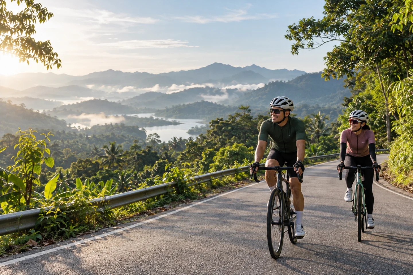 Illustration of two road cyclists on a lush Malaysian-inspired road